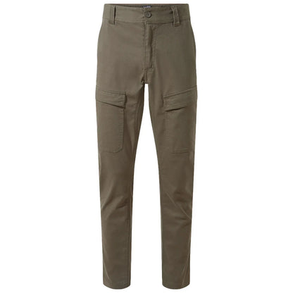 Olive green cargo pants feature a straight leg design with multiple pockets on the sides constructed from durable fabric suitable for casual or outdoor wear.