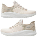 Light beige athletic shoes are positioned vertically with one shoe on top of the other showcasing their breathable mesh design and cushioned soles set against a plain white background.