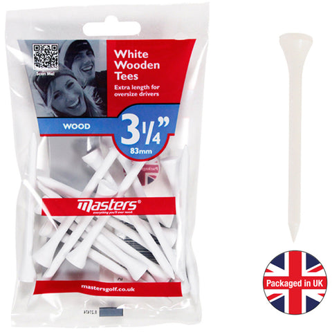 A transparent plastic bag contains multiple white wooden golf tees arranged inside. The bag displays branding information and details about the tees' size and intended use for certain golf clubs.