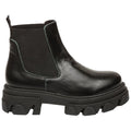 A black chelsea boot made of textured leather features elastic sides and a thick lug sole suitable for rugged terrain set against a plain background highlighting its design and materials.