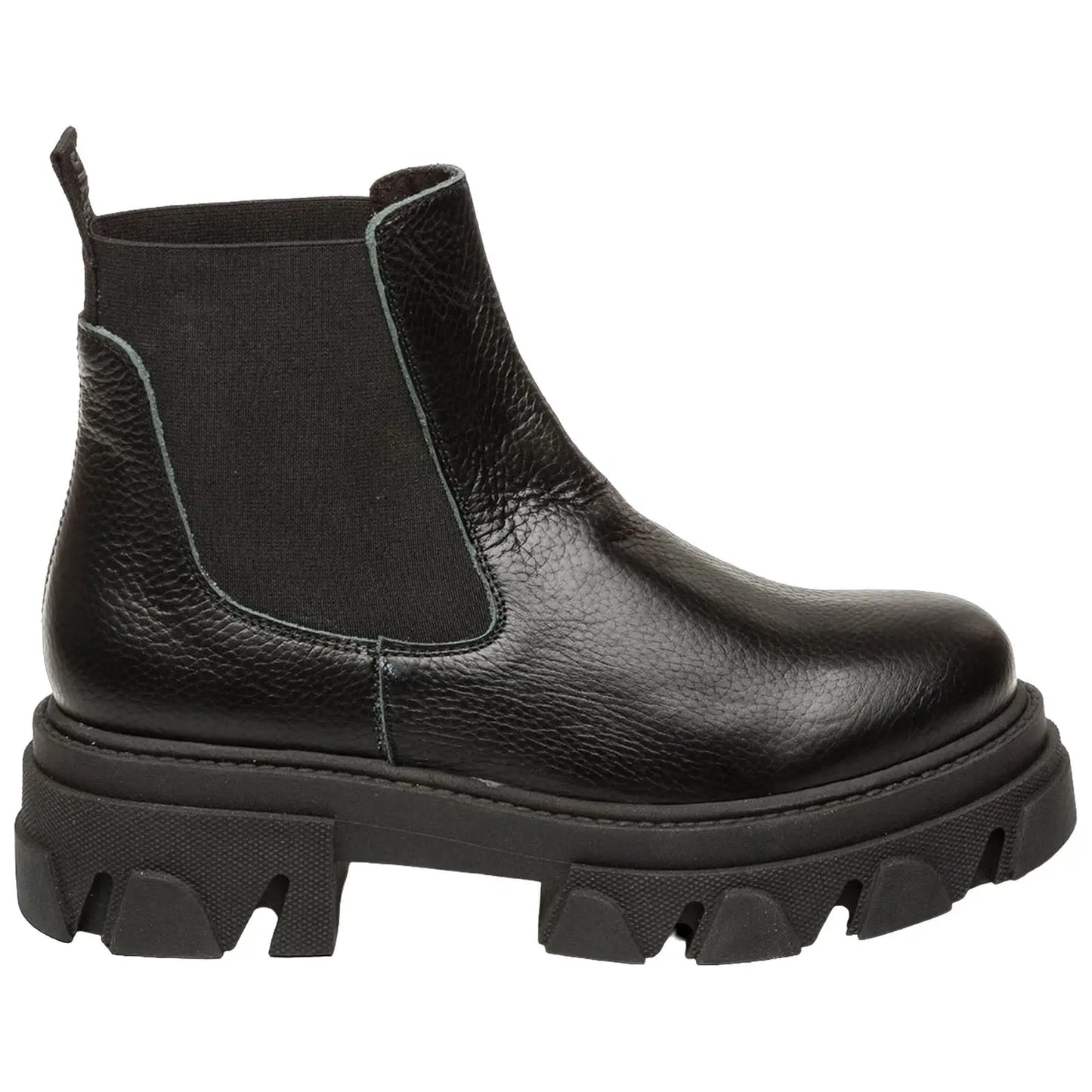 A black chelsea boot made of textured leather features elastic sides and a thick lug sole suitable for rugged terrain set against a plain background highlighting its design and materials.