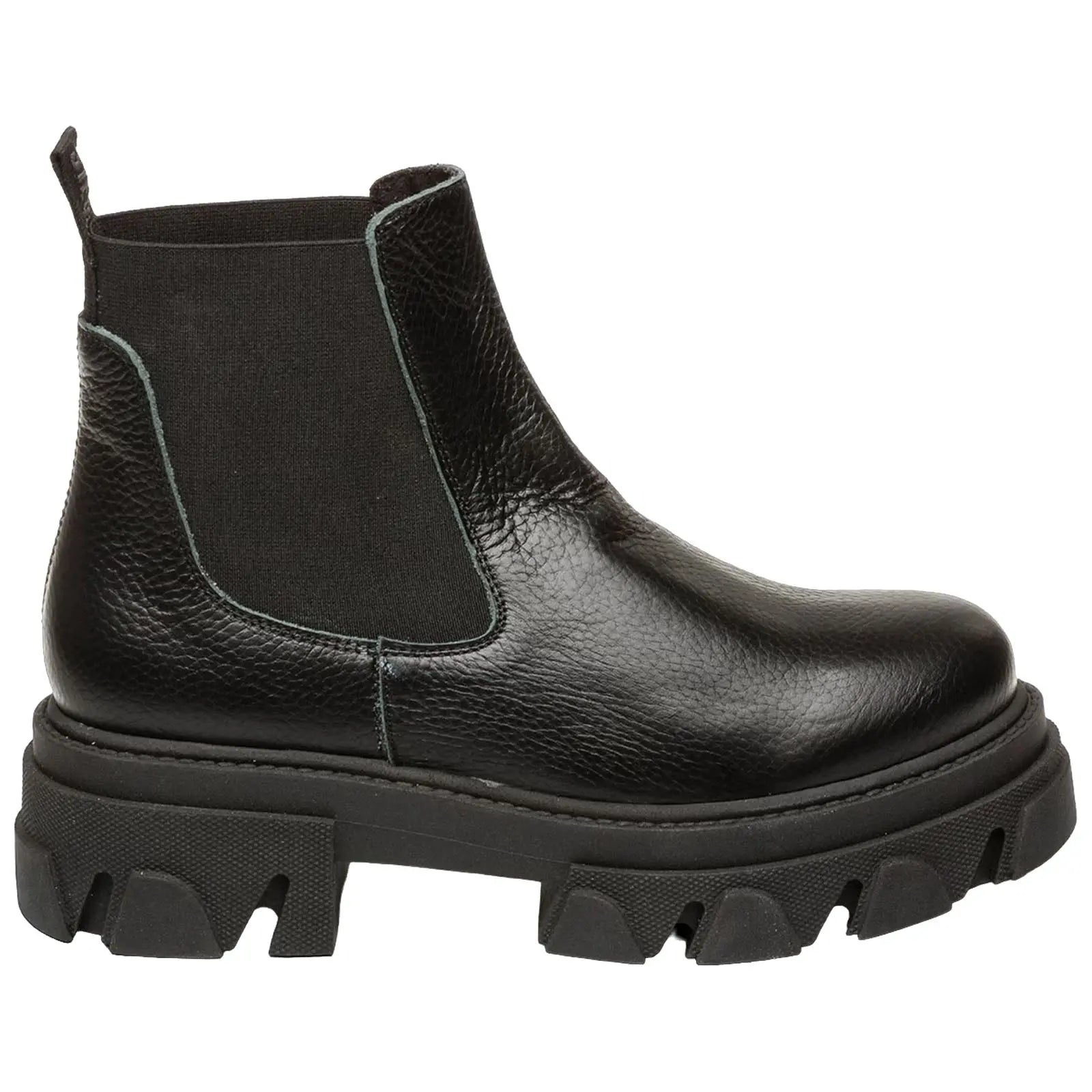 A black chelsea boot made of textured leather features elastic sides and a thick lug sole suitable for rugged terrain set against a plain background highlighting its design and materials.