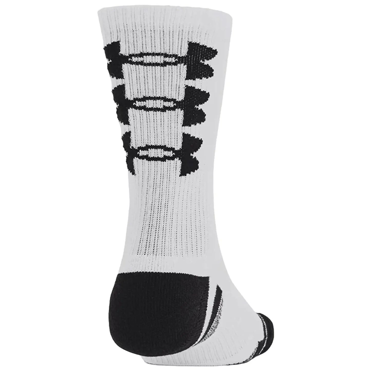 A white athletic sock with a black logo pattern is displayed standing upright. The sock has a reinforced black heel and toe, designed for performance in sporty environments.