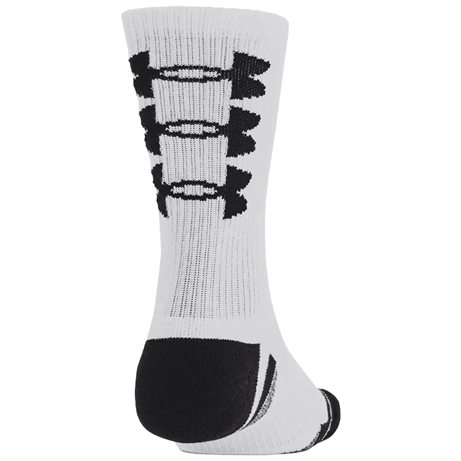 A white athletic sock with a black logo pattern is displayed standing upright. The sock has a reinforced black heel and toe, designed for performance in sporty environments.