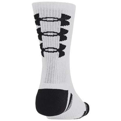 A white athletic sock with a black logo pattern is displayed standing upright. The sock has a reinforced black heel and toe, designed for performance in sporty environments.