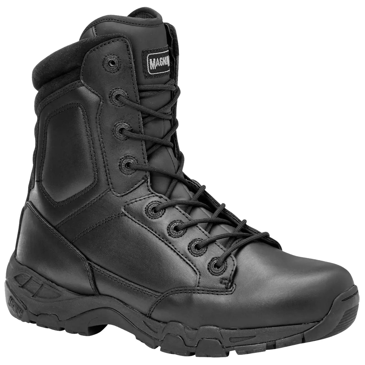 A black tactical boot features a high top design with metal eyelets and laces the sturdy sole is textured for grip and support in rugged environments