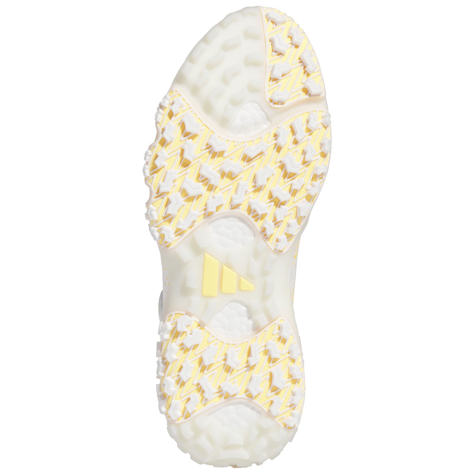 Shoe sole features a textured yellow and white pattern designed for grip and traction while resting on a plain white background. The Adidas logo is visible near the center.