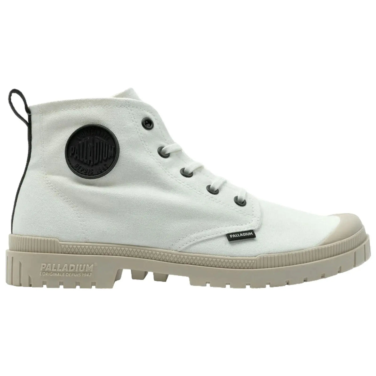 A white high-top sneaker with a rubber cap toe is positioned upright featuring black branding on the side and a textured sole ideal for casual or outdoor wear.