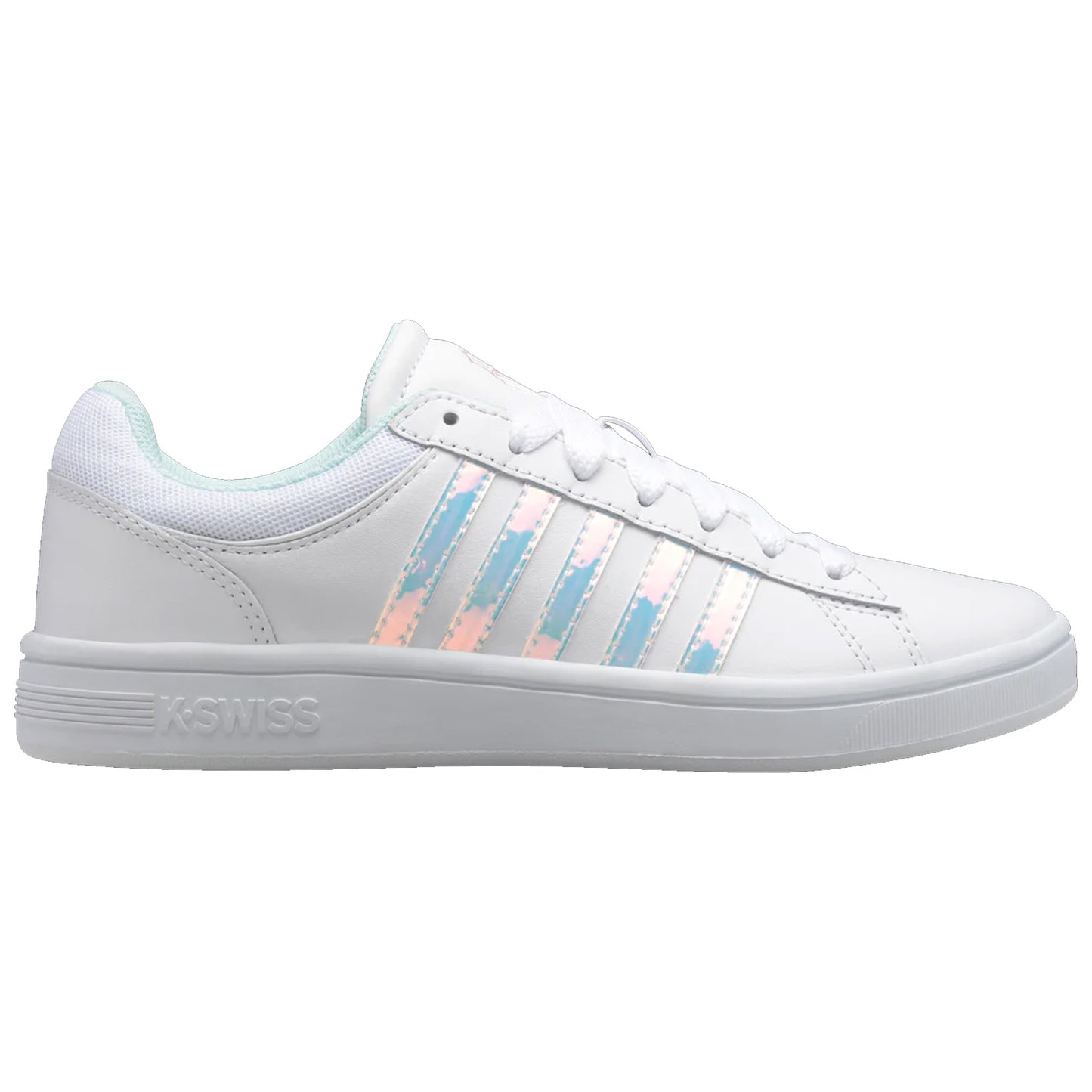 A white sneaker with light blue accents features three reflective stripes on the side while resting horizontally against a clean white background showcasing its design and colors prominently.
