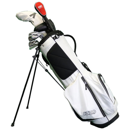 A golf bag stands upright on its tripod legs showcasing several clubs partially visible within it set against a simple background emphasizing the bag's white and black design.
