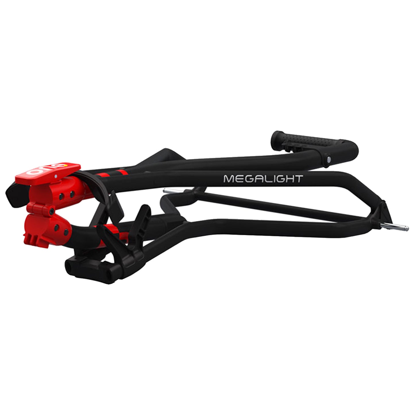 A black and red bicycle rack is positioned on a flat surface featuring a curved support and adjustable clamps designed for securing a bicycle during transport or storage.