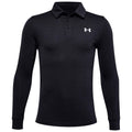 A long-sleeved black polo shirt is presented with a classic collar and three buttons down the front featuring a small white logo on the left chest area.