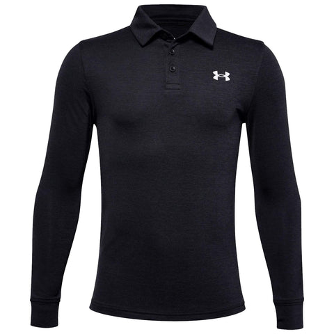 A long-sleeved black polo shirt is presented with a classic collar and three buttons down the front featuring a small white logo on the left chest area.