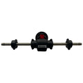 A cylindrical metal rod connects two black circular components with a central housing element featuring a red triangular part marked with MCB3-01-M129V indicating a mechanical assembly in a plain background.