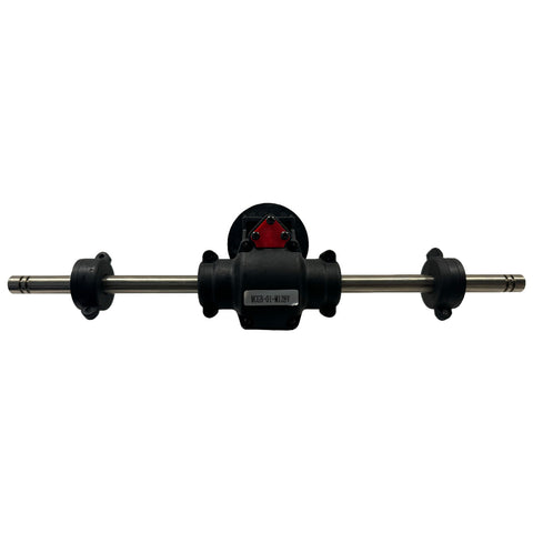 A cylindrical metal rod connects two black circular components with a central housing element featuring a red triangular part marked with MCB3-01-M129V indicating a mechanical assembly in a plain background.