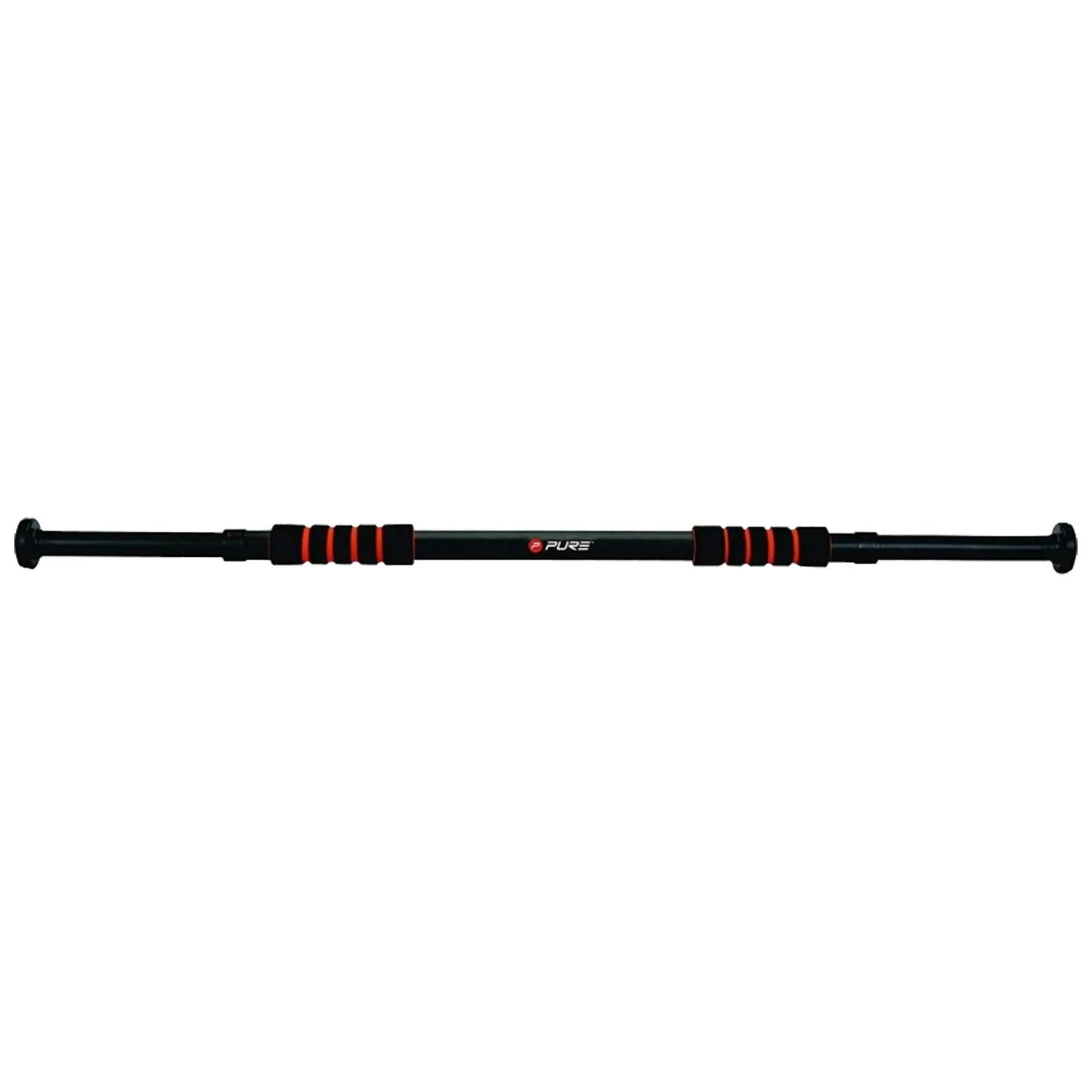 A black and red pull-up bar is extended horizontally with rubber grips for hands it is designed for home workouts typically situated in a doorway or open space.