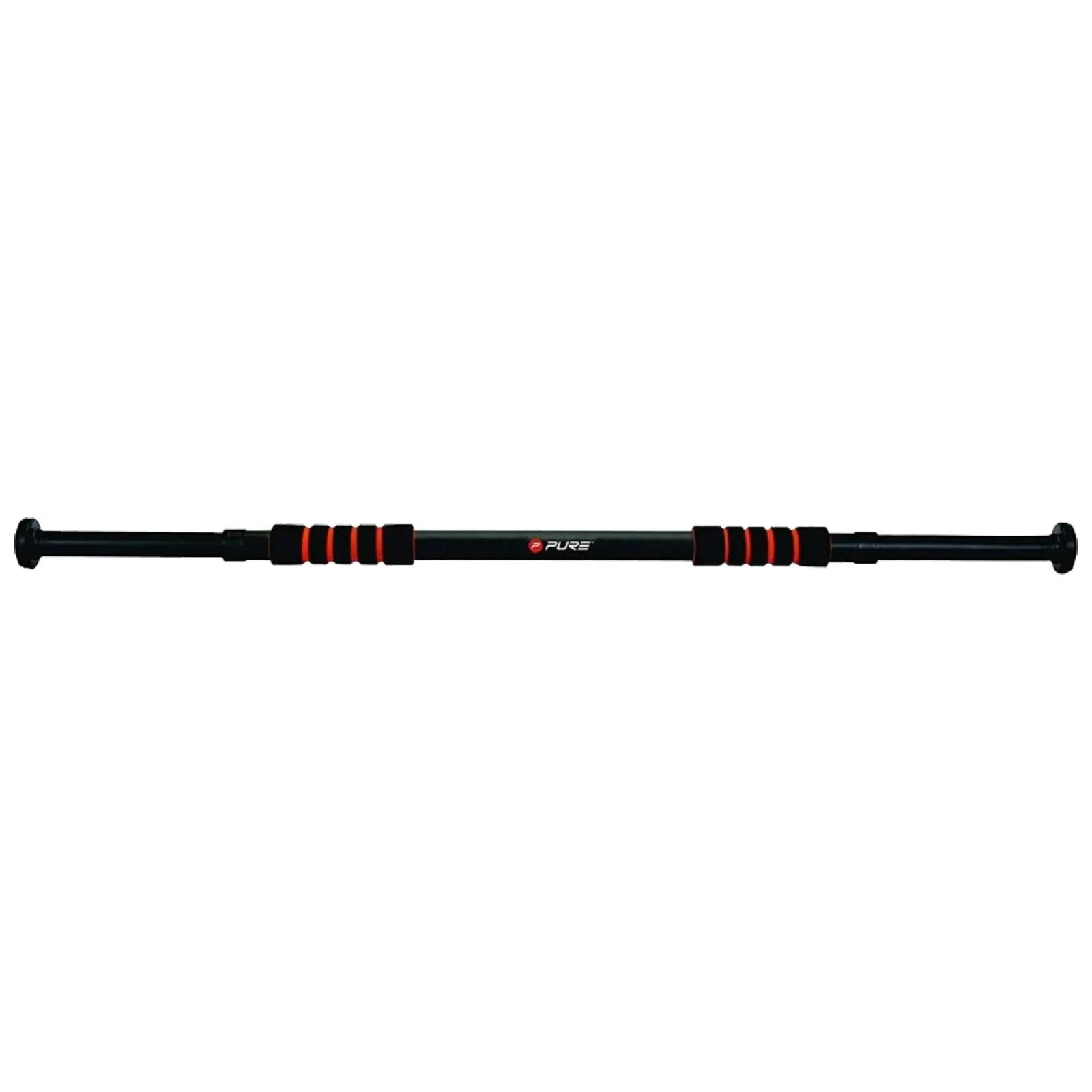 A black and red pull-up bar is extended horizontally with rubber grips for hands it is designed for home workouts typically situated in a doorway or open space.
