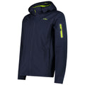 A navy blue jacket with a hood features a green inner lining and a zippered pocket on the sleeve, designed for outdoor activities in versatile weather conditions.