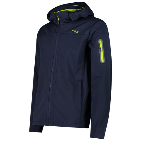 A navy blue jacket with a hood features a green inner lining and a zippered pocket on the sleeve, designed for outdoor activities in versatile weather conditions.