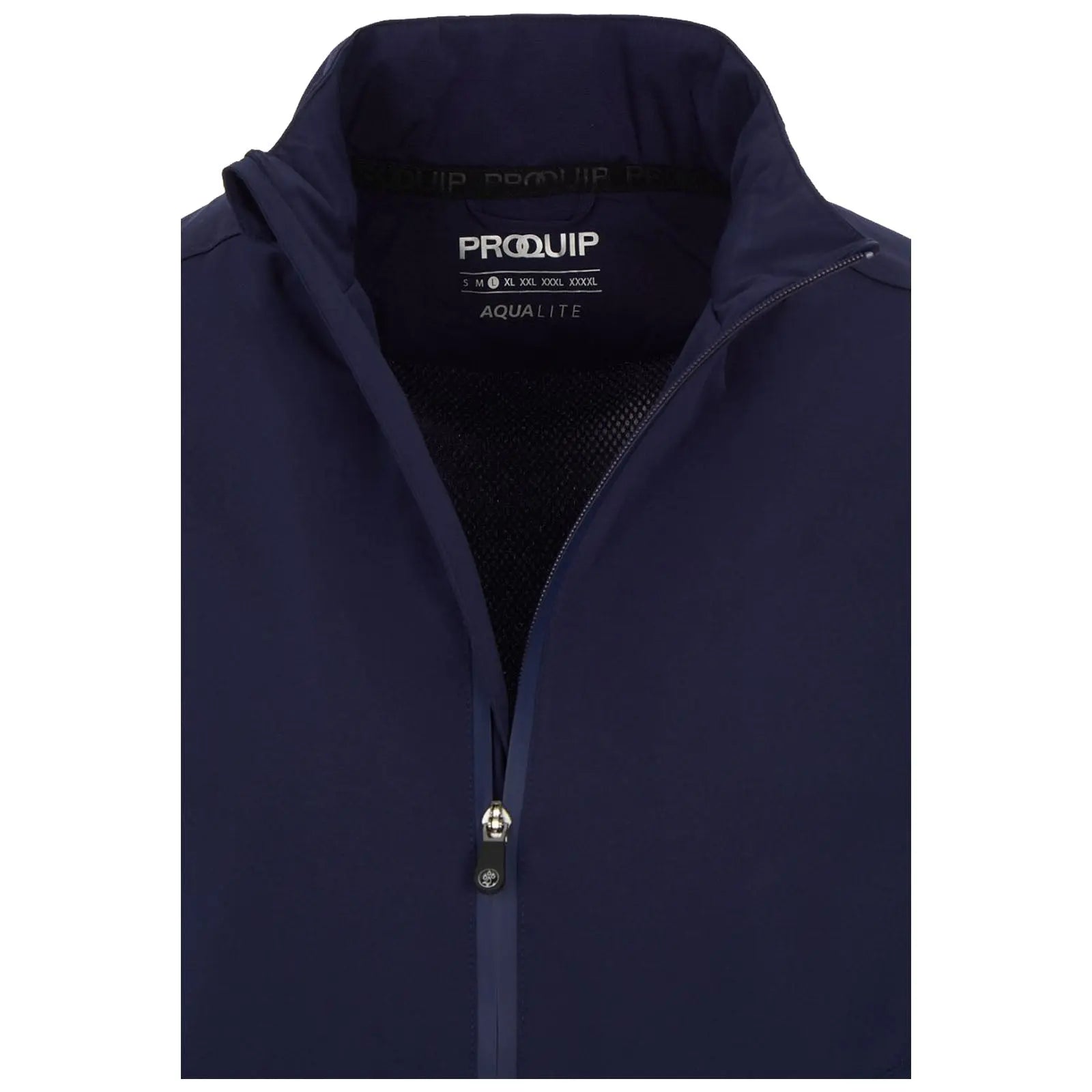 A navy blue jacket features a zippered front and a high collar with a mesh interior. It is lightweight designed for outdoor activities. The label inside displays the brand and size information.