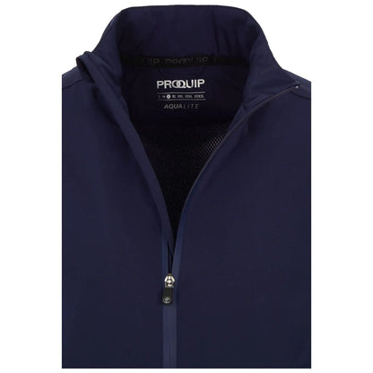 A navy blue jacket features a zippered front and a high collar with a mesh interior. It is lightweight designed for outdoor activities. The label inside displays the brand and size information.