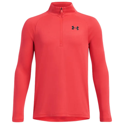 A red long-sleeve athletic shirt with a quarter zip design features a small black logo on the upper left side and is displayed against a neutral background.