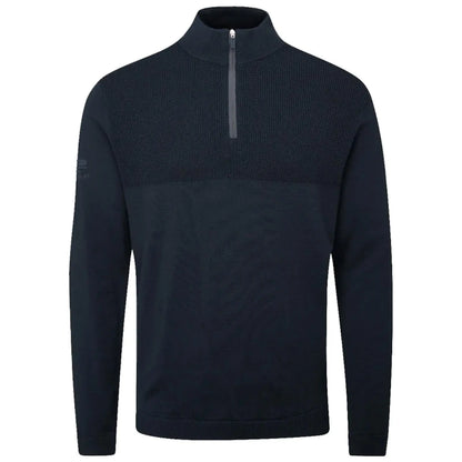 A dark navy pullover sweater features a high collar with a zipper and long sleeves made of a textured fabric displaying a sporty appearance suitable for casual wear.