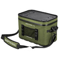 A green soft-sided cooler sits on a flat surface featuring a transparent top with cup holders and a shoulder strap for easy carrying designed for storage and transport of food and beverages