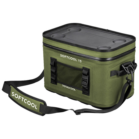 A green soft-sided cooler sits on a flat surface featuring a transparent top with cup holders and a shoulder strap for easy carrying designed for storage and transport of food and beverages