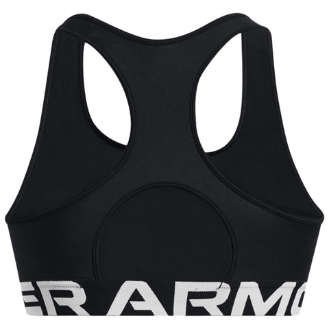 A black sports bra features a racerback design and a wide band with white lettering along the bottom. The fabric appears smooth and elastic, suitable for athletic activities.