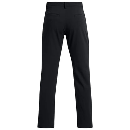 Black pants are displayed standing upright with the back view visible pockets are present on the rear sides showcasing a sleek and simple design suitable for casual or formal wear