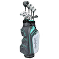 A golf bag stands upright featuring several clubs protruding from the top with a sleek design in gray and white accented by turquoise zippers and trim.