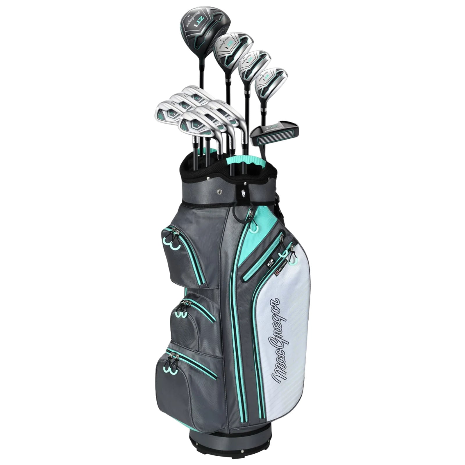 A golf bag stands upright featuring several clubs protruding from the top with a sleek design in gray and white accented by turquoise zippers and trim.