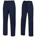 Navy blue pants are displayed vertically with a button and zipper front and elastic waistband showcasing a casual design suitable for outdoor activities or leisure wear.