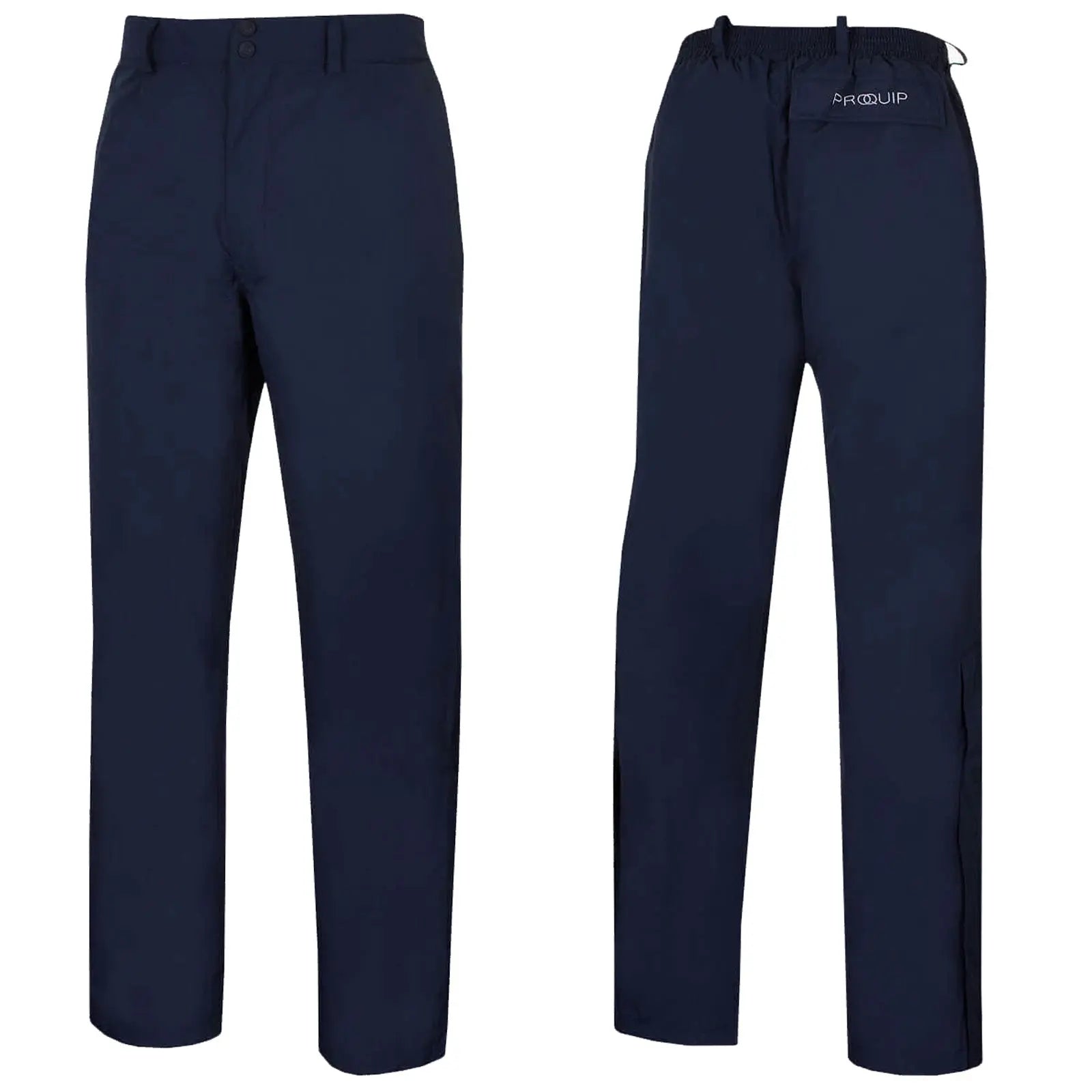 Navy blue pants are displayed vertically with a button and zipper front and elastic waistband showcasing a casual design suitable for outdoor activities or leisure wear.