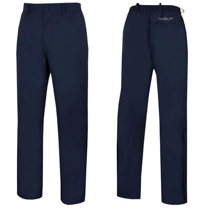 Navy blue pants are displayed vertically with a button and zipper front and elastic waistband showcasing a casual design suitable for outdoor activities or leisure wear.