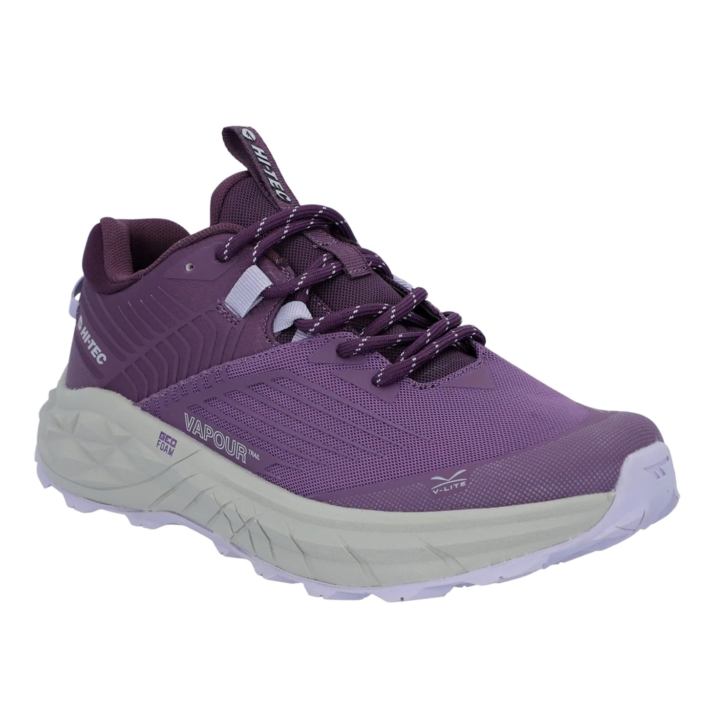A purple athletic shoe is positioned prominently showcasing its textured upper and cushioned sole designed for dry outdoor terrain providing support and stability for runners or hikers.