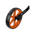 A large orange wheel with a thick black tire is positioned diagonally while attached to a narrow black axle labeled Fastfold in a simple, clean design without any background elements.