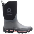 A grey waterproof boot is standing vertically with a black upper and pink detailing near the sole. It features a logo on the side and a textured sole for grip.