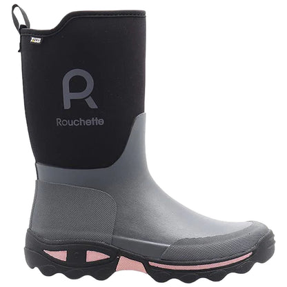 A grey waterproof boot is standing vertically with a black upper and pink detailing near the sole. It features a logo on the side and a textured sole for grip.