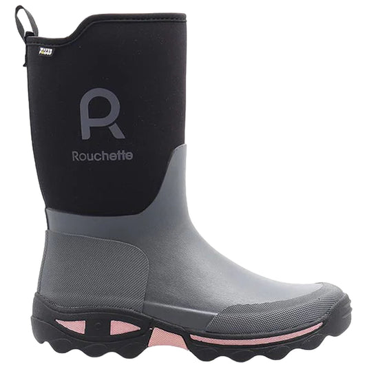 A grey waterproof boot is standing vertically with a black upper and pink detailing near the sole. It features a logo on the side and a textured sole for grip.