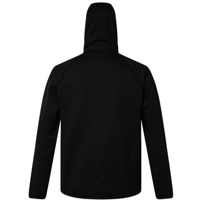 A black hooded sweatshirt is displayed with its back facing the viewer showcasing a simple design without any visible branding or patterns in a neutral setting.