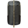 A cylindrical backpack stands upright with a dark fabric body and lighter straps. It features side pockets and a branded logo at the bottom, suitable for outdoor activities.