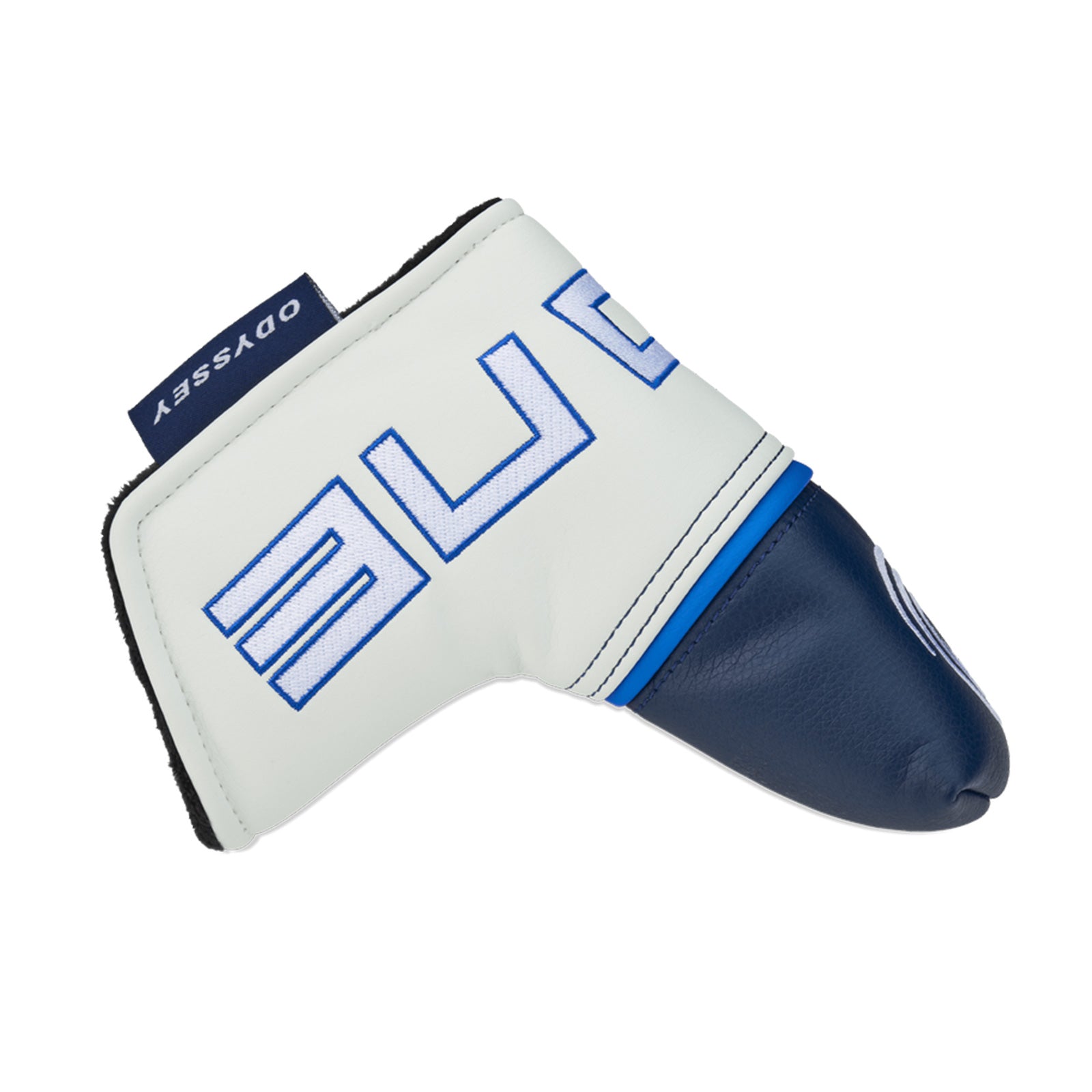 A white and navy golf club headcover sits upright showing a rounded top the word Odyssey is visible at the top in blue lettering with a blue stripe along the bottom edge.
