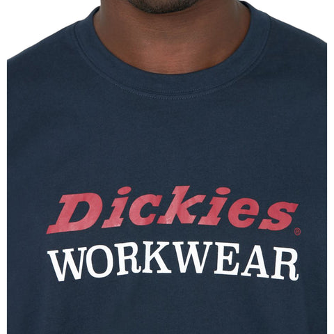 A navy blue t-shirt displays the text "Dickies WORKWEAR" prominently on the front with the word "Dickies" in red and "WORKWEAR" in white against a simple background.