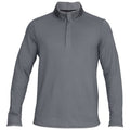 A gray long-sleeve pullover with a half zipper features a textured fabric design and a stand-up collar suitable for casual or athletic wear in a variety of environments.