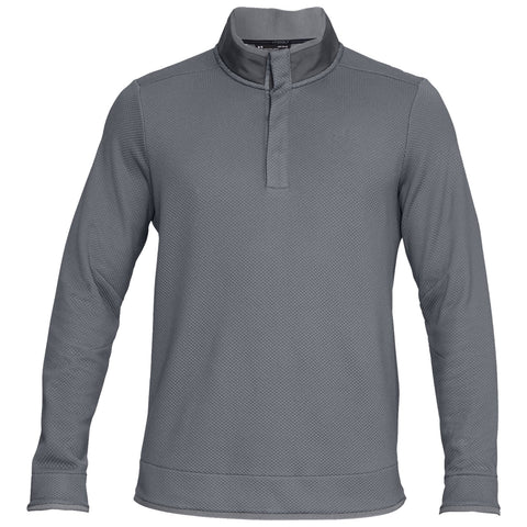 A gray long-sleeve pullover with a half zipper features a textured fabric design and a stand-up collar suitable for casual or athletic wear in a variety of environments.