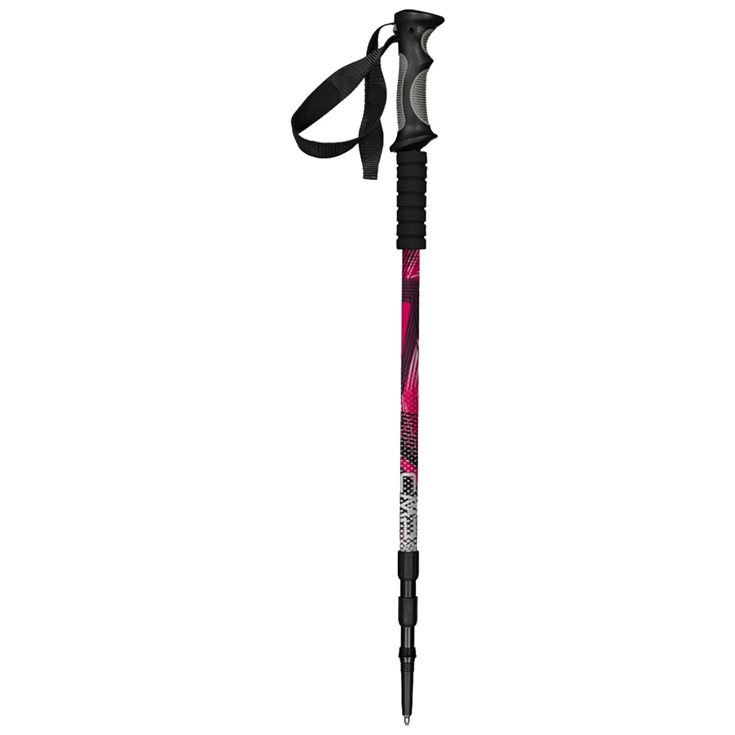 A trekking pole stands upright featuring a black textured grip with a wrist strap the shaft has a colorful design with pink and geometric patterns and sharp tip for stability on outdoor terrain