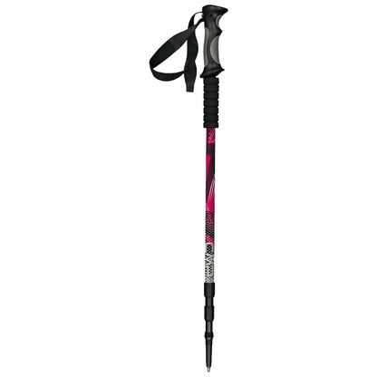 A trekking pole stands upright featuring a black textured grip with a wrist strap the shaft has a colorful design with pink and geometric patterns and sharp tip for stability on outdoor terrain