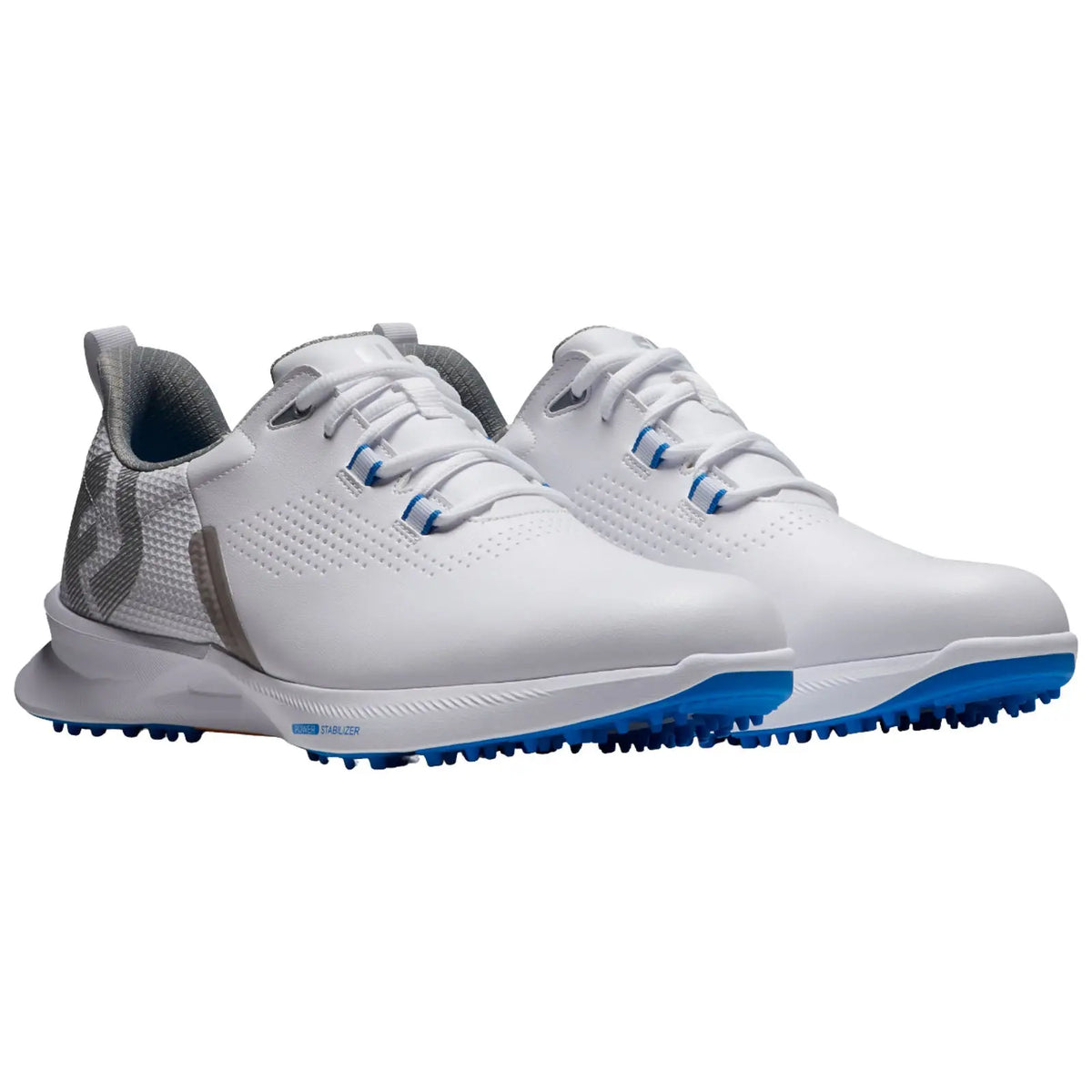 White golf shoes are displayed with a textured surface and blue accents they are designed to provide traction and stability on the golf course